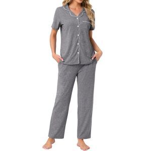 Cheibear -  Women's 2 Pcs Button Down Short Sleeve Sh Grey